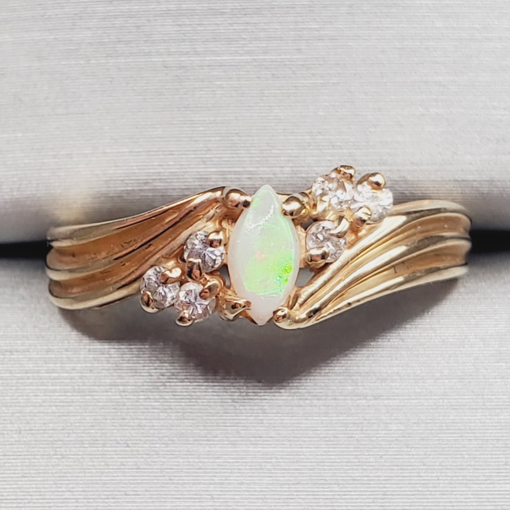 10k Solid Yellow Gold Natural Marquise Opal & Round Diamond Ring